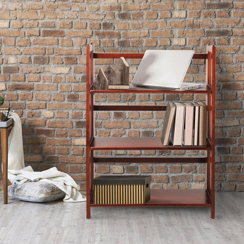 Oakestry Compact 3-Tier Solid Wood Foldable & Stackable Bookcase – Space-Saving Portable Shelf Unit for Storage, Display, and Home Organization (Walnut)