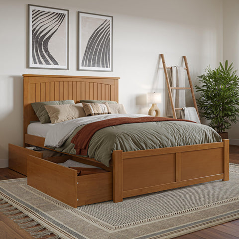 AFI Nantucket Full Solid Wood Platform Bed with Footboard & Storage Drawers in Light Toffee