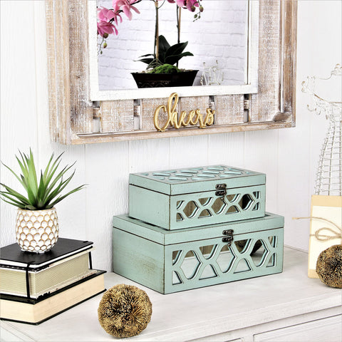 Cheung's FP-4060-2BL Moroccan Wooden Boxes with Front and Top Mirror| Set of 2| Blue