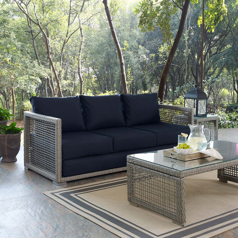 Modway Aura Wicker Rattan Outdoor Patio Sofa Couch in Gray Navy