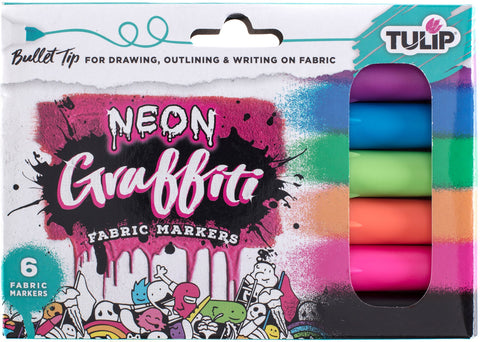 Tulip Graffiti Fabric Markers Bullet Tip 6pk, Neon, Premium Quality Ink, Permanent, Child Safe, for Fabric Painting, Drawing, Coloring, Writing on Clothes