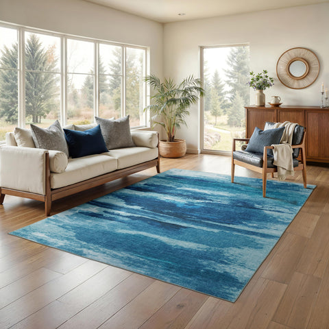 Oriental Weavers Sumter Washable Area Rug - SUM10-7'6" x 10' - in Blue/Ivory - Modern Style, Non-Slip, Stain Resitant, Ultra Low Pile, Dining, Living Room Rug