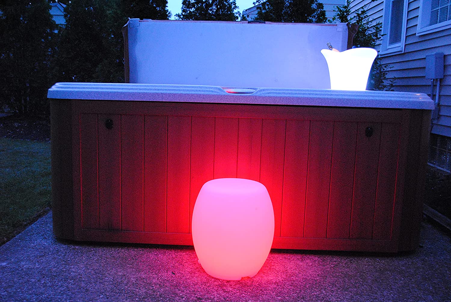 MACAU- LED Illuminated Barrel Stool with 16 color options and 4 color changing modes on the remote. Portable, waterproof, and requires no batteries. Charge lasts approximately 8 hours.