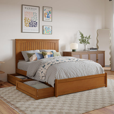 AFI, Malta Full Platform Bed with Panel Footboard and Storage Drawers, Light Toffee