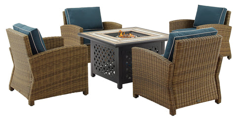 Bradenton 5Pc Wicker Outdoor Chair Set W/ Fire Table Navy/Weathered Brown - Tucson Fire Table & 4 Armchairs