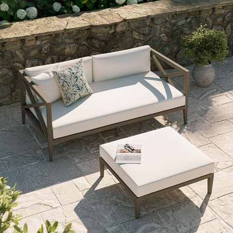 Modway Northlake Teak Outdoor Loveseat and Ottoman Set in Weathered Gray – 2-Piece Outdoor Furniture Set with Weather-Resistant Cushions