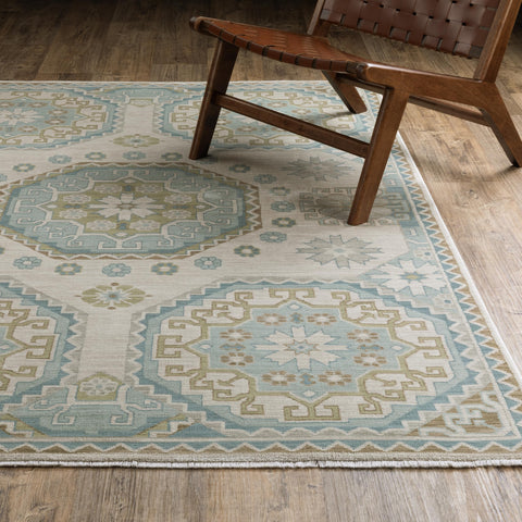 Oriental Weavers Maeve Area Rug - MAE03-7'10" x 10'10" - in Beige/Teal - Vintage Inspired, Stain Resistant, Family and Pet Friendly, Dining, Living Room Rug