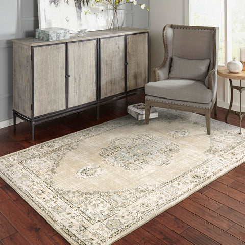 Oriental Weavers Andorra Area Rug - 303D0-6'7" x 9'6" - in Beige/Ivory - Vintage Inspired, Stain Resistant, Family and Pet Friendly, Dining, Living Room Rug