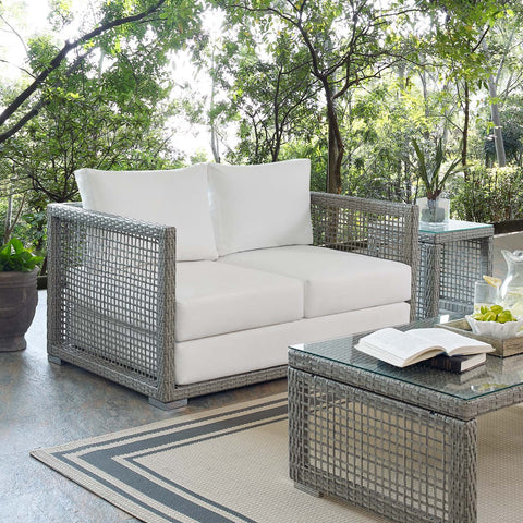Modway EEI-2924 Aura Wicker Rattan Outdoor Patio 52" Loveseat with Cushions in Gray White