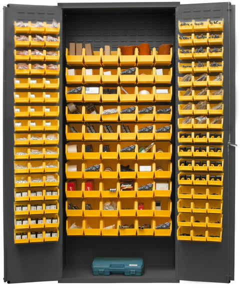 Durham 2603-156B-95 Lockable Bin Cabinet with 156 Yellow Hook-On Bins, Flush Door Style, 36" Wide, 16 Gauge, Gray