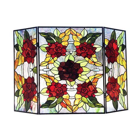 Benjara CH1F033RF40-GFS Canna Tiffany-Style 3Pcs Folding Floral Stained Glass Fireplace Screen 40" Width,Multicolor