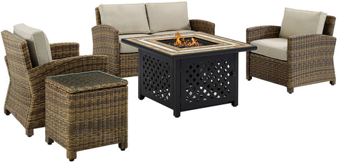 Bradenton 5Pc Wicker Outdoor Loveseat Set W/ Fire Table Weathered Brown/Sand - Loveseat, Side Table, Tucson Fire Table, & 2 Armchairs