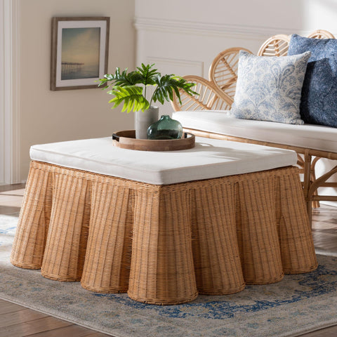 bali & pari Palm Scallop Natural Rattan Ottoman with Cushion – Handwoven Wicker Accent Bench or Footrest for Living Room, Bedroom, or Sunroom Decor, 39-inch Wide, Square