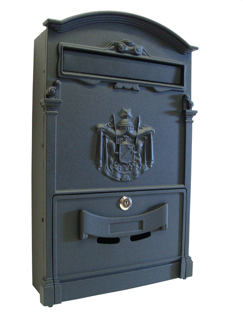 Fine Art Living - Barcelona (AB01L) Locking Cast Aluminum Mailbox for Outside: Vintage Victorian Heavy Duty & Theft Proof Postbox - Wall Mounted, Large Capacity (11.5" x 3.75" x 18.5"), Matte Black
