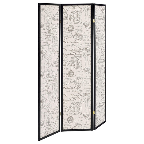 Coaster Home Furnishings - Felice - Solid Wood and Plastic - 70-Inch 3-Panel Room Divider Folding Screen with French Script Detail - Living Room & Bedroom - Beige and Black - 900074