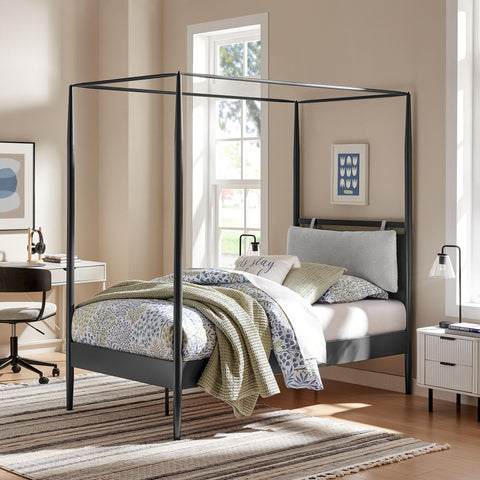 Modway Marlowe Twin Size Four-Poster Metal Canopy Bed Frame in Charcoal with Adjustable Cushioned Headboard – Modern Platform Bed with Poplar Wood Mattress Support