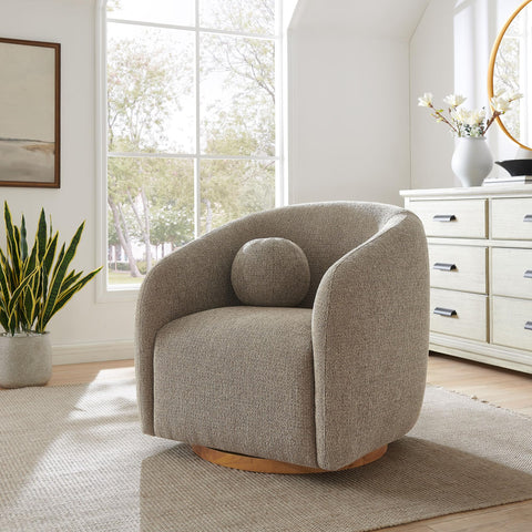 Modway Holland Curved Swivel Armchair in Taupe – Chenille Fabric Barrel Chair with Ball Throw Pillow and Wood Base – Mid-Century Modern Curved Living Room Accent Chair