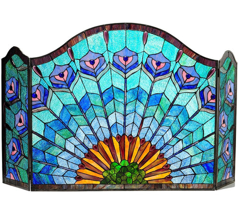 Chloe Lighting Regal Eudora Tiffany-Glass 3pcs Folding Peacock Fireplace Screen 48" Wide