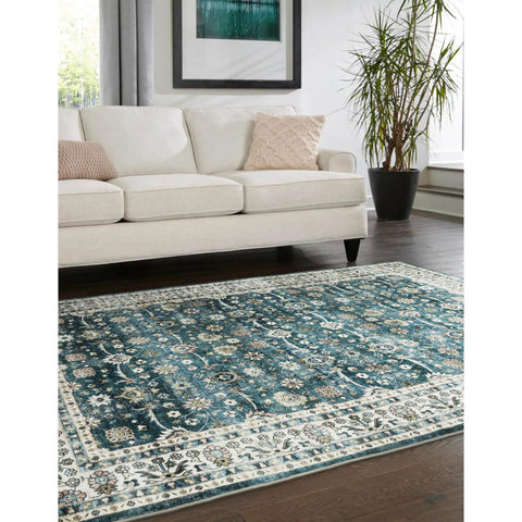 Oriental Weavers Sumter Washable Area Rug - SUM08-7'6" x 10' - in Teal/Ivory - Vintage Inspired, Non-Slip, Stain Resitant, Ultra Low Pile, Dining, Living Room Rug