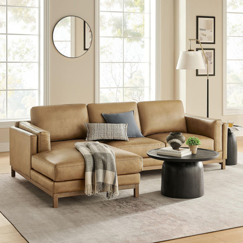 Modway Roscoe Left-Facing Sectional Sofa with Chaise in Toast - 2-Piece Faux Leather Upholstered Deep Seat Couch, L Shaped Modular for Living Room or Lounge