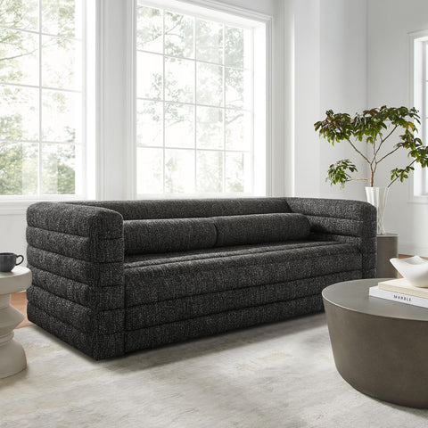 Modway Relle Channel Tufted Boucle Upholstered Sofa in Charcoal - Deep Seat Plush Couch - Retro Vintage Mid Century Soft Sofa with 2 Bolster Pillows - 3 Seater Couch for Living Room
