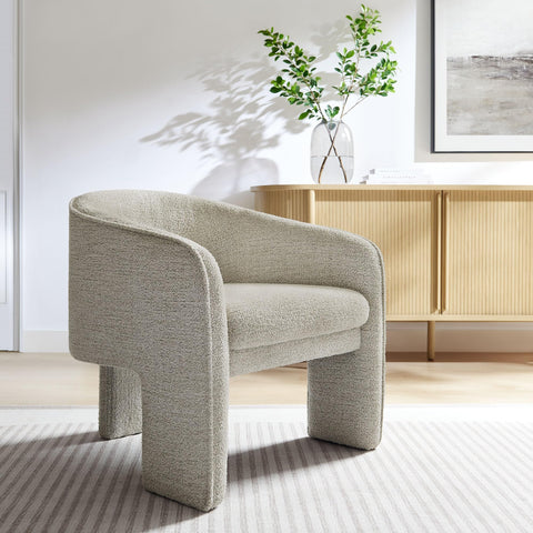Modway Greer Comfy Barrel Accent Chair with 3 Legs in Parchment Boucle Fabric – Cozy Round Reading Armchair – Mid Century Modern Upholstered Wide Barrel Dining Chair with Curved Back