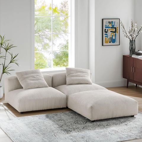 Modway Solace Modular 3-Piece Corduroy Sectional Sofa with Ottoman in Almond - Comfy Corduroy Upholstered Deep Seat Couch - Modern L-Shaped Armless Sectional Sofa Set for Living Room