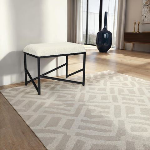 Cheung's Trion Abstract White Boucle Upholstered Bench – 24-Inch Rectangle Black Metal Bench, Modern Minimalist Design, Ideal for Living Room or Entryway