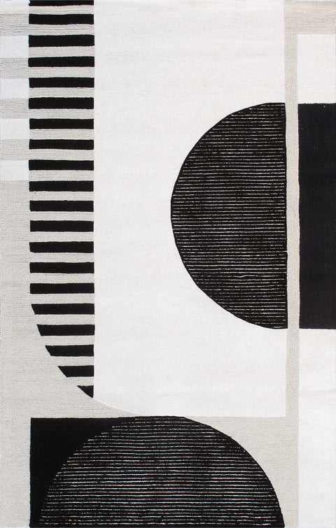 Pasargad Home Edgy Art Silk & Wool Abstract Area Rug - Hand-Tufted White/Black Rugs for Living Room, Bedroom, Home, 5' 0" X 8' 0"
