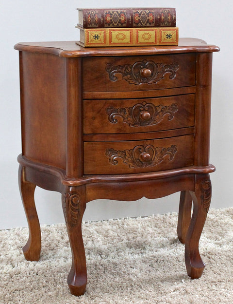 International Caravan Furniture Piece Carved Wood Three Drawer Scalloped Night Stand, 0