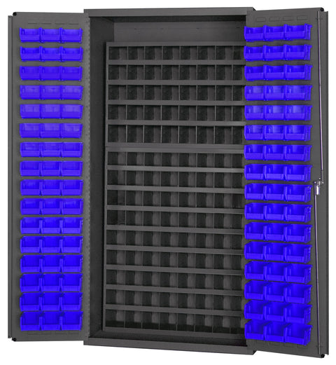 Durham 3501-DLP-72/40B-96-5295 Lockable Cabinet with 96 Blue Hook-On Bins, Flush Door Style, 112 Pigeon Hole Bins, 36" Wide, 14 Gauge, Gray