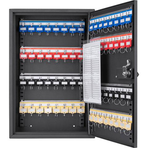 Barska 64 Position Key Lock Box – Wall Mount Steel Key Cabinet with Adjustable Numbered Hooks, Index Log, Colored Key Tags for Home or Office