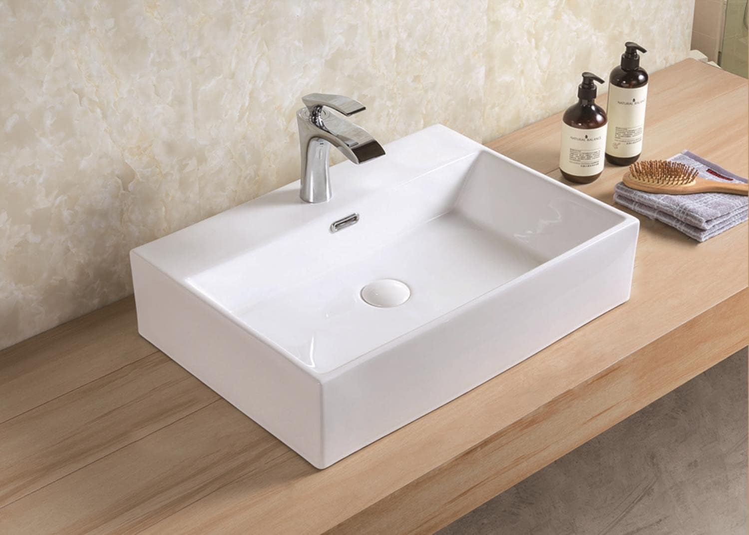 Xander Over the Counter Rectangular Vessel Ceramic Basin Sink, Glossy White Finish