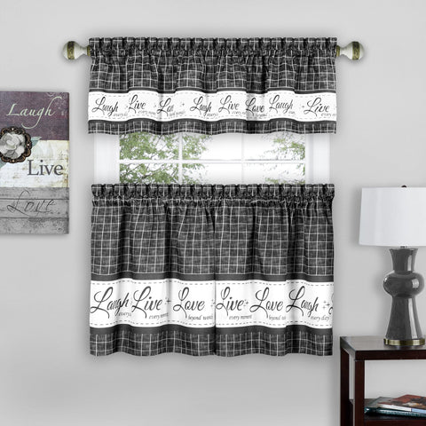 ACHIM Tier and Valance Window Curtain Set - 58 Inch Width, 36 Inch Length - Live, Love, Laugh (Charcoal) - Light Filtering Drapes for Kitchen, Bedroom, Living & Dining Room Home Decor