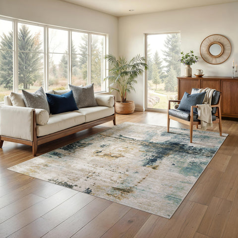 Oriental Weavers Cavett Area Rug - CAV03-6'7" x 9'6" - in Ivory/Blue - Modern Style, Stain Resistant, Family and Pet Friendly, Dining, Living Room Rug
