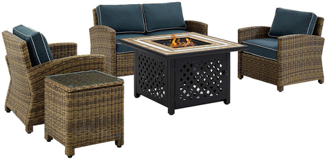 Bradenton 5Pc Wicker Outdoor Loveseat Set W/ Fire Table Weathered Brown/Navy - Loveseat, Side Table, Tucson Fire Table, & 2 Armchairs