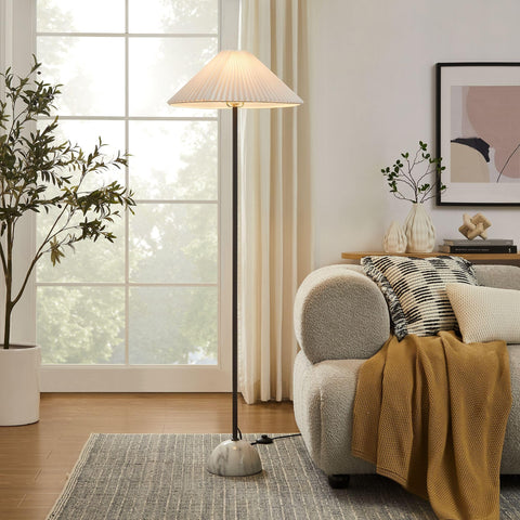 Modway Illusion Floor Lamp with Dome Marble Base and Pleated Shade in Black