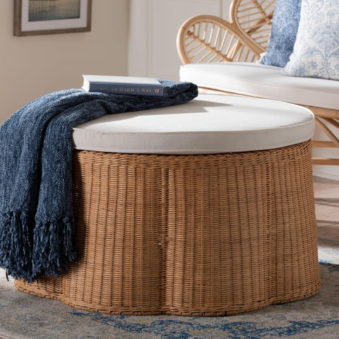Bali & pari Palm Scallop Natural Rattan Ottoman with Cushion – Handwoven Wicker Accent Stool or Footrest for Living Room, Bedroom, or Sunroom, Coastal Boho Style, 32-inch Wide, Round