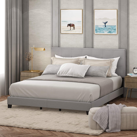 Furinno Laval Bed Frame, King Size Bedframe with Button Tufted Headboard, Upholstered Bed with Legs, 12pcs Wooden Slat Support, Easy Assembly, for Bedroom, Dorm, Light Grey
