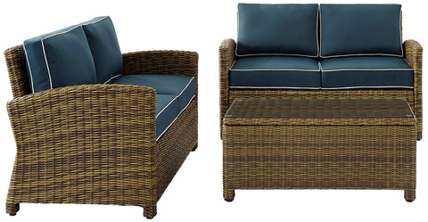 Bradenton 3Pc Wicker Outdoor Loveseat Patio Furniture Set Navy/Weathered Brown - Coffee Table & 2 Loveseats