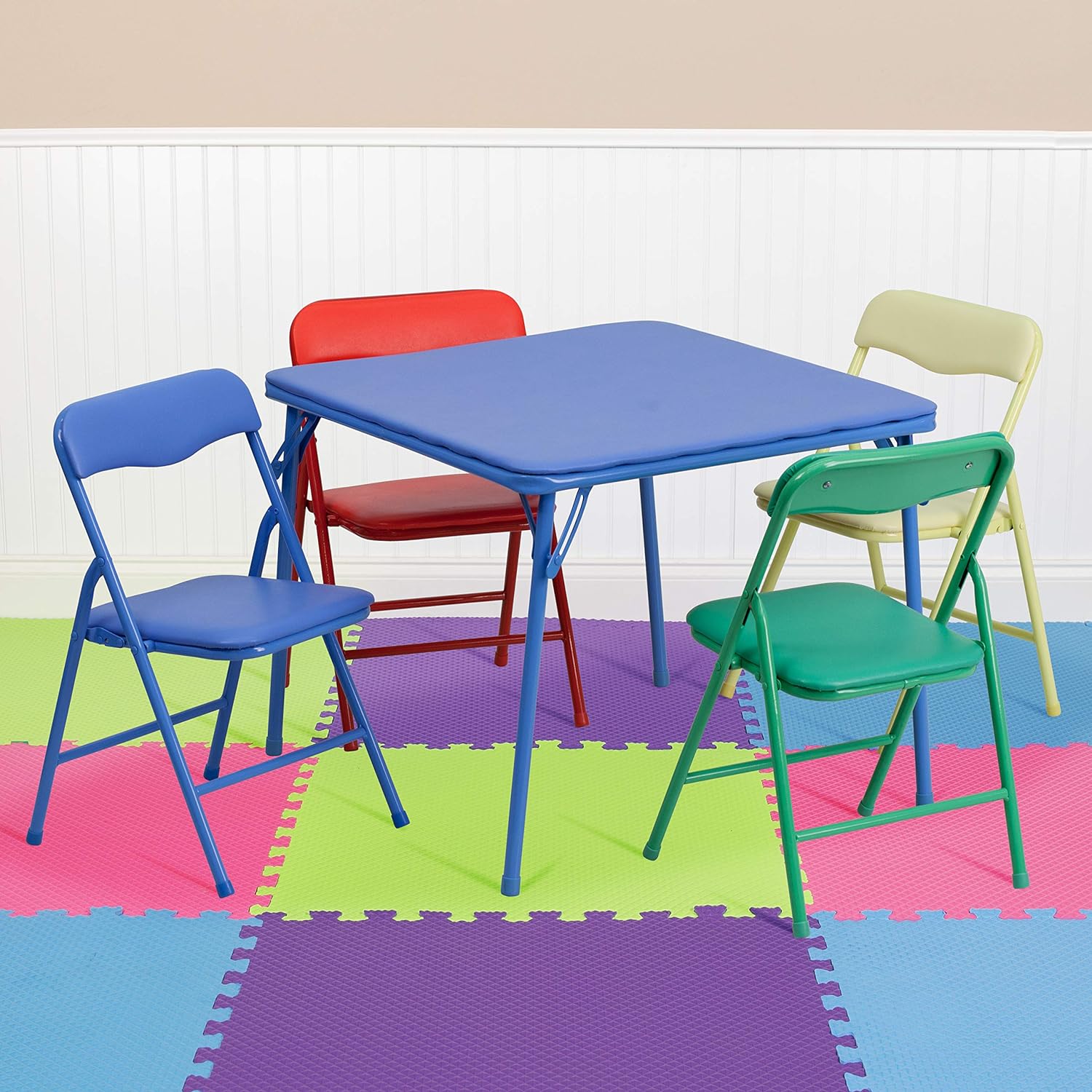 Flash Furniture Mindy Kids 5-Piece Folding Square Table and Chairs Set for Daycare and Classrooms, Children's Activity Table and Chairs Set, Multicolor