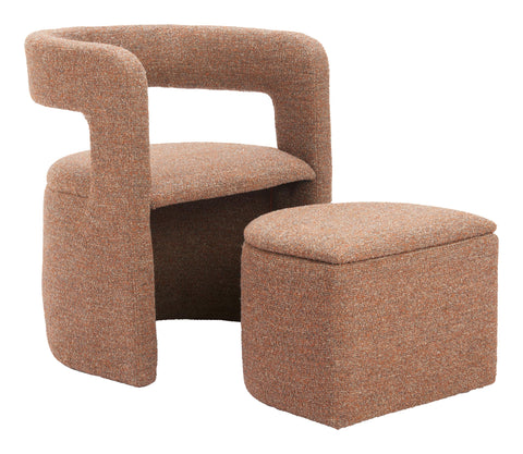 Zuo Atria Accent Chair & Ottoman Tawny Brown, Brown Ottoman, Modern Style, Shearling Style Fabric, Plywood, Indoor Living, (1) 25.2" W x 21.7" D x 28.9" H, Non-Stackable