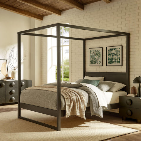 Modway Alva King Size 4-Post Wood Platform Canopy Bed in Smoked Oak – with Headboard and Solid Rubberwood Frame