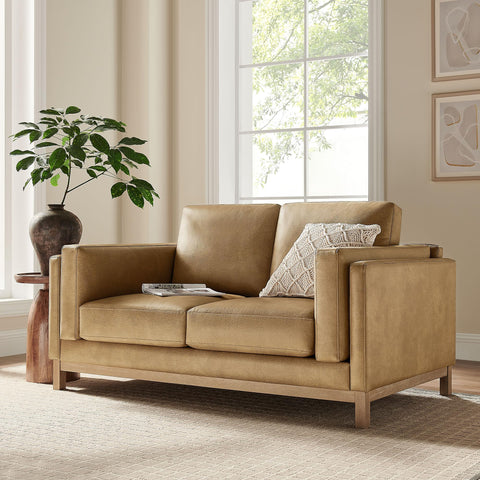 Modway Roscoe 63 Inch Vegan Leather Loveseat in Toast - Comfortable Faux Leather 2 Seater Couch for Living Room, Apartment, or Office Seating