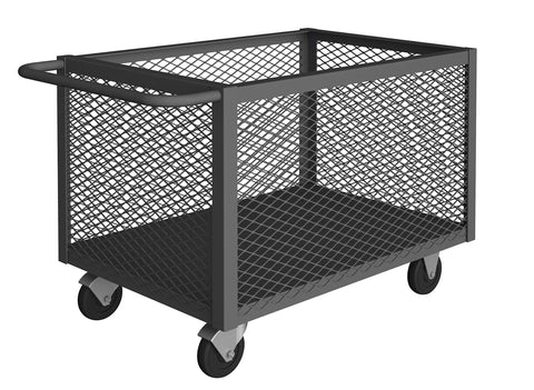 4 Sided Mesh Box Truck With 5 Inch x 1-1/4 Inch Polyolefin Casters (2) Rigid And (2) Swivel With Side Brakes 1 Shelf And Tubular Push Handle Gray