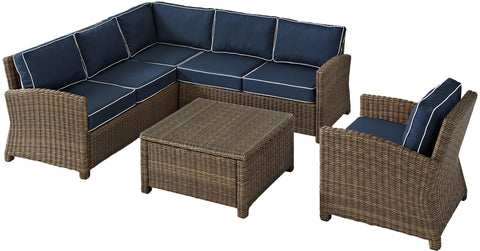 Bradenton 5Pc Wicker Outdoor Sectional Patio Furniture Set Navy/Weathered Brown - Right Side Loveseat, Left Side Loveseat, Corner Chair, Arm Chair, & Sectional Glass Top Coffee Table