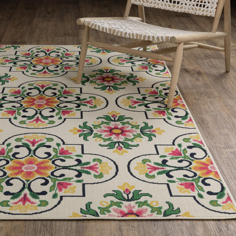Oriental Weavers Havana Indoor/Outdoor Rug - HAV04-3'3" x 5' - in Ivory/Multi - Preppy Cottage Style, Water, Stain and Fade Resistant, Hose Clean, Patio, Outdoor Living Area Rug