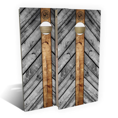 Skip's Garage Grey Wood Lines Cornhole Set - All-Weather 2x4 (Weather Bags) - Include Case + Hole + Edge