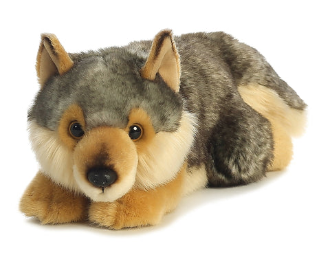 Aurora® Realistic Miyoni® Lying Wolf Stuffed Animal - Lifelike Details Make a Cherished Companion - Perfect for Decorating Bedrooms or Classrooms - Gray 11.5 Inches