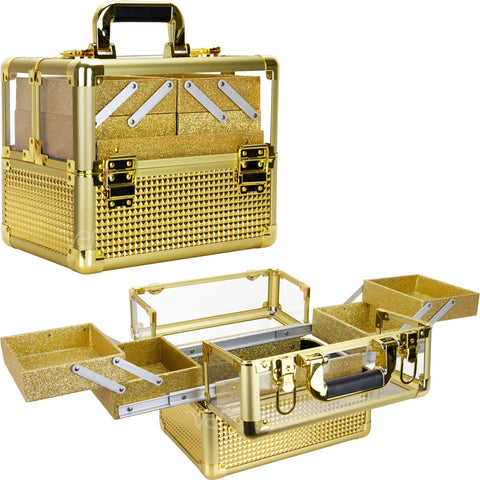 Ver Beauty Professional Nail Polish Cosmetic Organizer 3.8mm Heavy Duty Acrylic Makeup Artist Travel Case Easy Clean With Extendable Trays, Gold Ice Cube